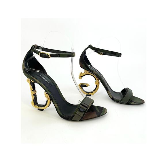 Dolce & Gabbana Shoes - Dolce & Gabbana Keira Green Camouflage DG Logo Baroque Heel Sandals IT 39.5